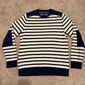 Tommy Hilfiger Navy Blue Cream Striped Pullover Sweater Preppy Mens Size Large